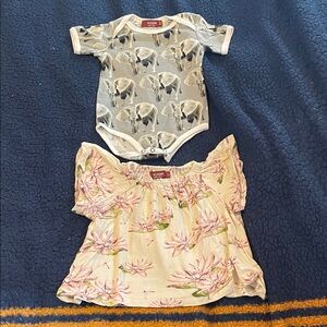 Milkbarn Gray Elephant Bodysuit and Pink Floral top bundle of 2